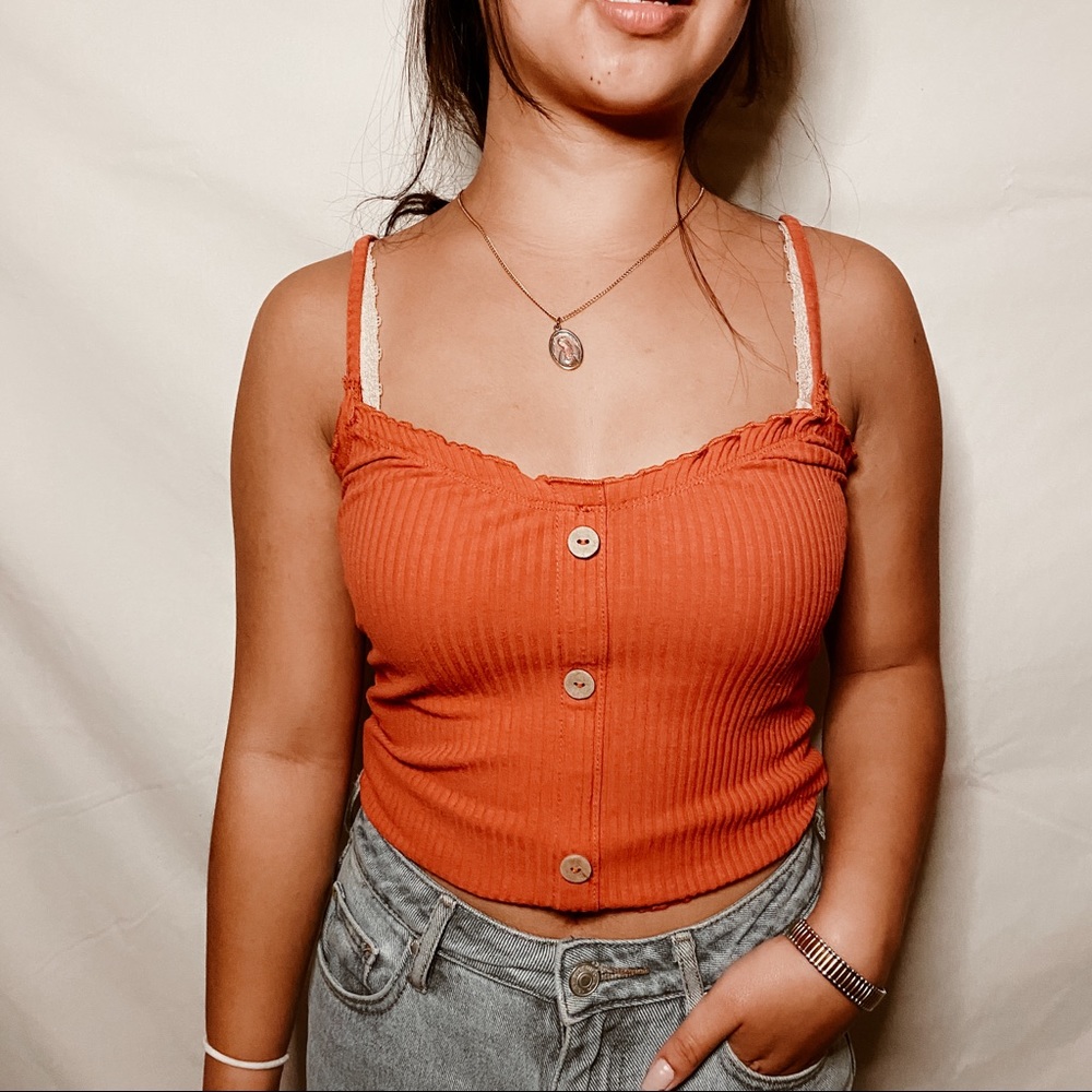 Orange lettuce trim tank top with buttons